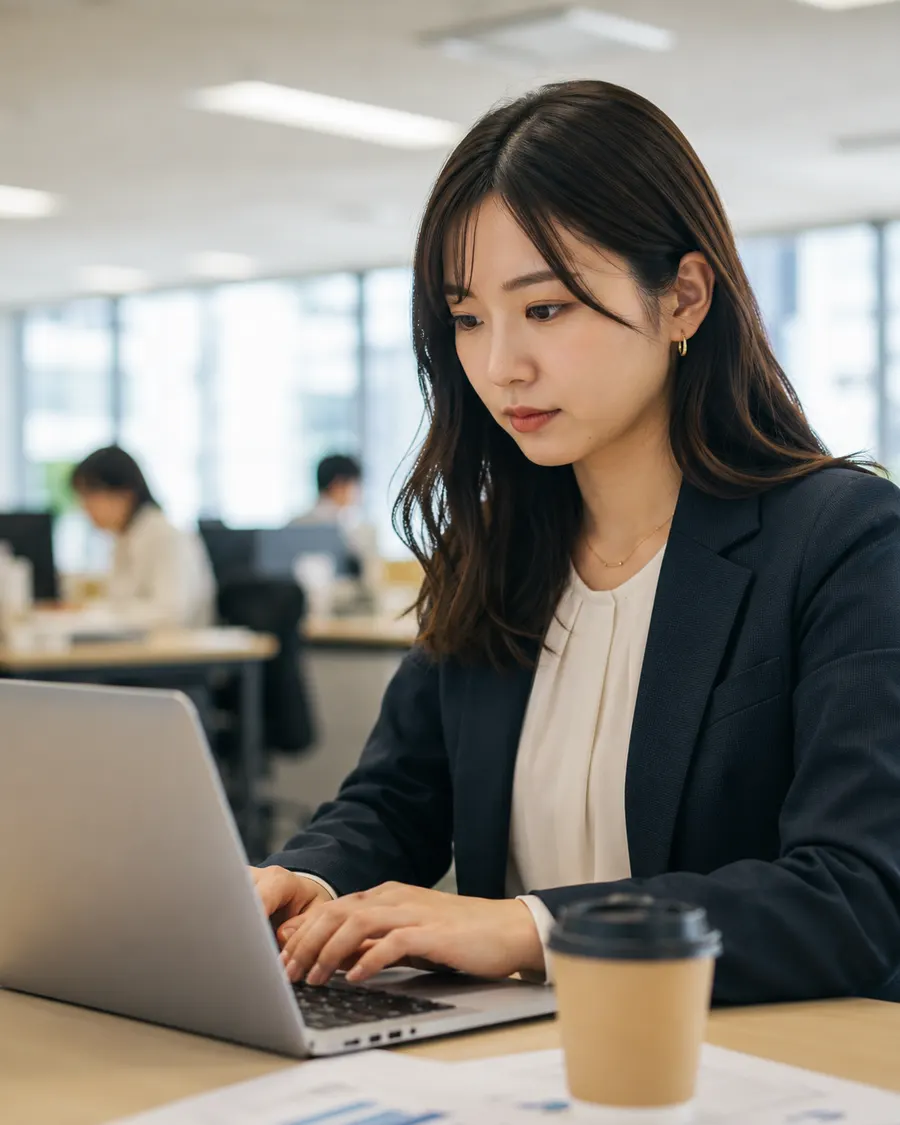 オフィスでノートPCに向かって仕事をする会社員